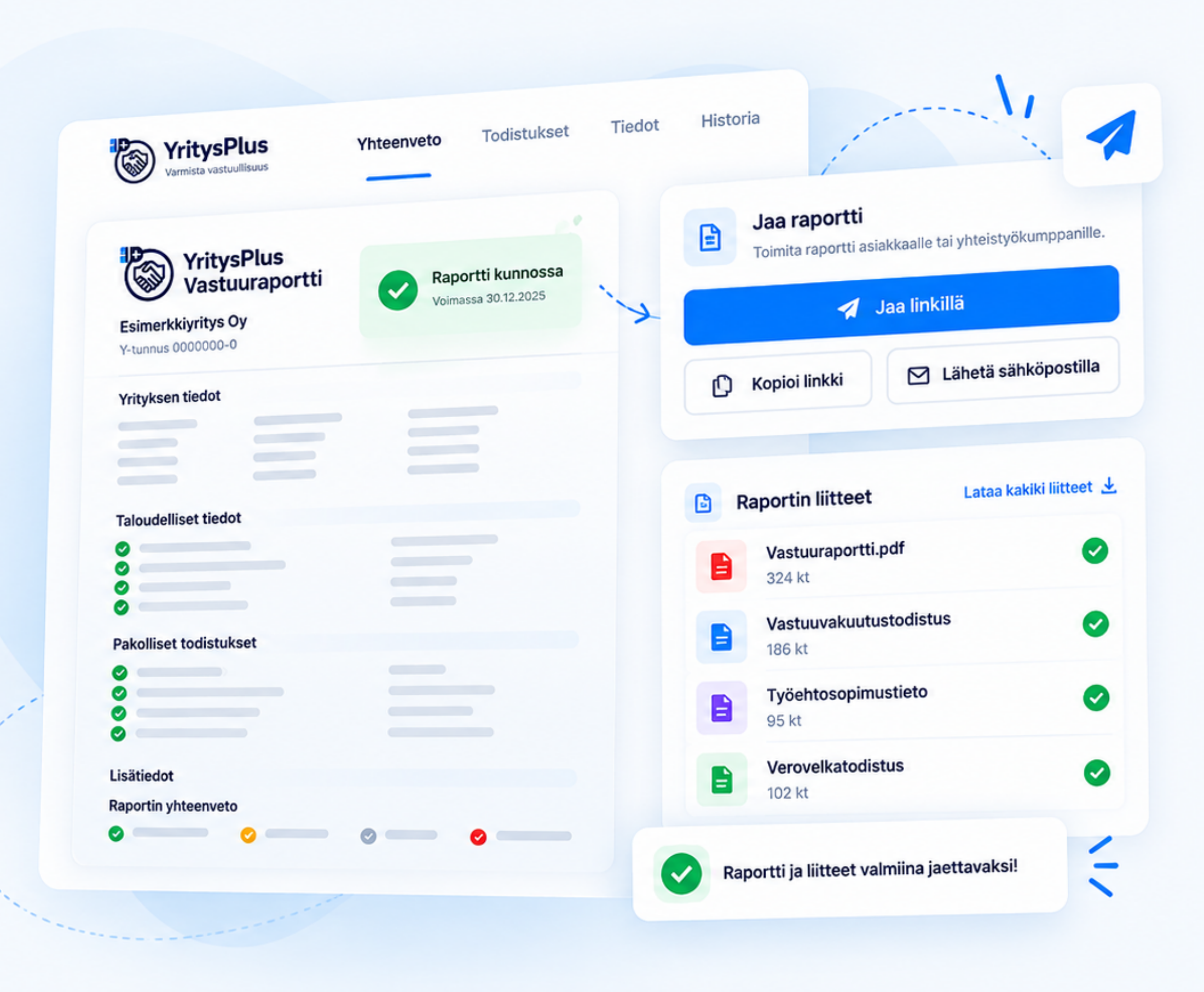 Kuvitus: Vastuuraportti, jonka vieressä Jaalink-ominaisuus ja raportin liitteet – Vastuuraportti.pdf, vastuuvakuutustodistus, työehtosopimustieto ja verovelkatodistus