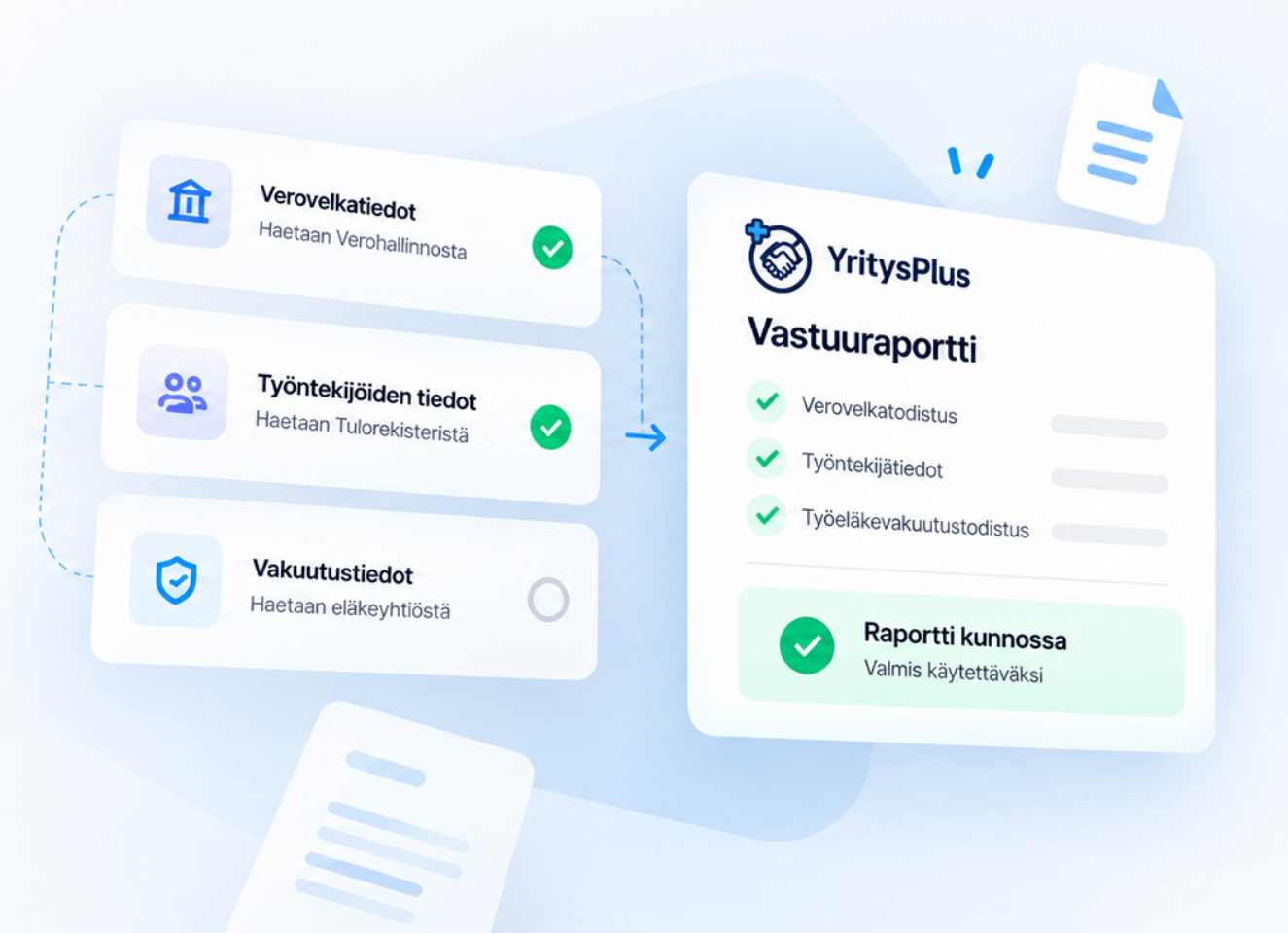 Kuvitus: yrityksen verovelka-, työntekijä- ja vakuutustiedot kokoavat Vastuuraportin, jossa lukee Raportti kunnossa