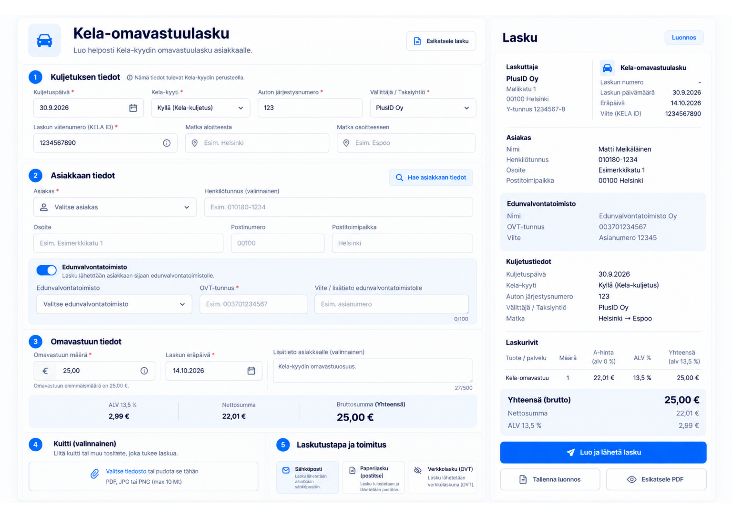 Kela-omavastuulaskun luontilomake ja esimerkkilasku YritysPlus Laskutus -palvelussa